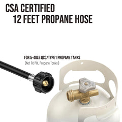 VIEAUBE hose in use attached between tank and grill to add 12ft reach and flexibility