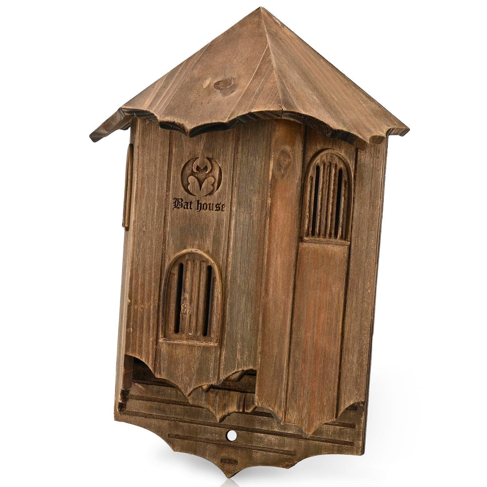 VIREESR bat house front view showing three-chamber design and brown cedar finish benefits roosting