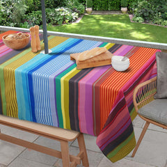 Virtumob front view of striped rectangular tablecloth showing full pattern and fit — vibrant outdoor styling
