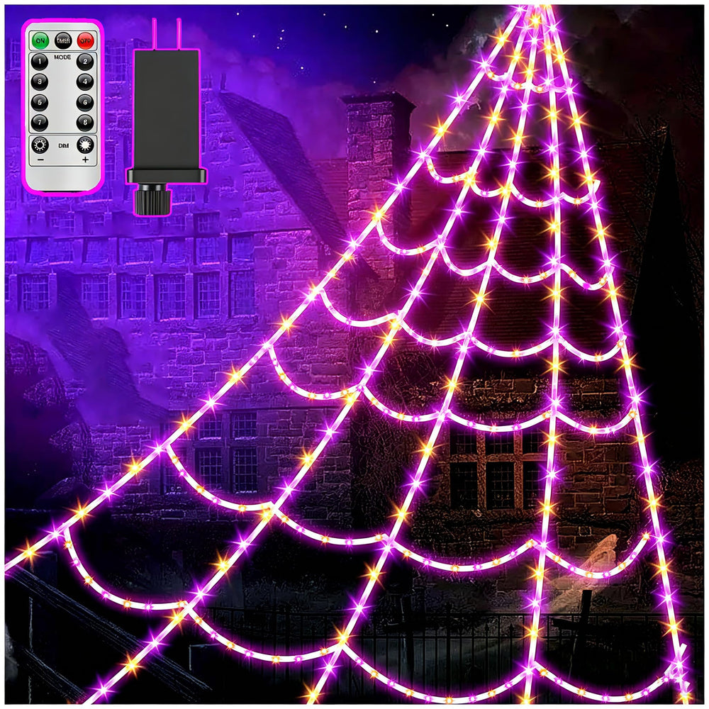 VITI front view of full illuminated spider web creating dramatic Halloween focal point