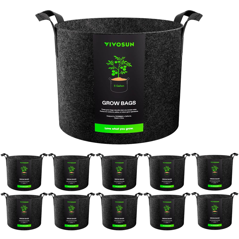 VIVOSUN front view of 10-pack grow bags showing quantity and durable fabric benefit