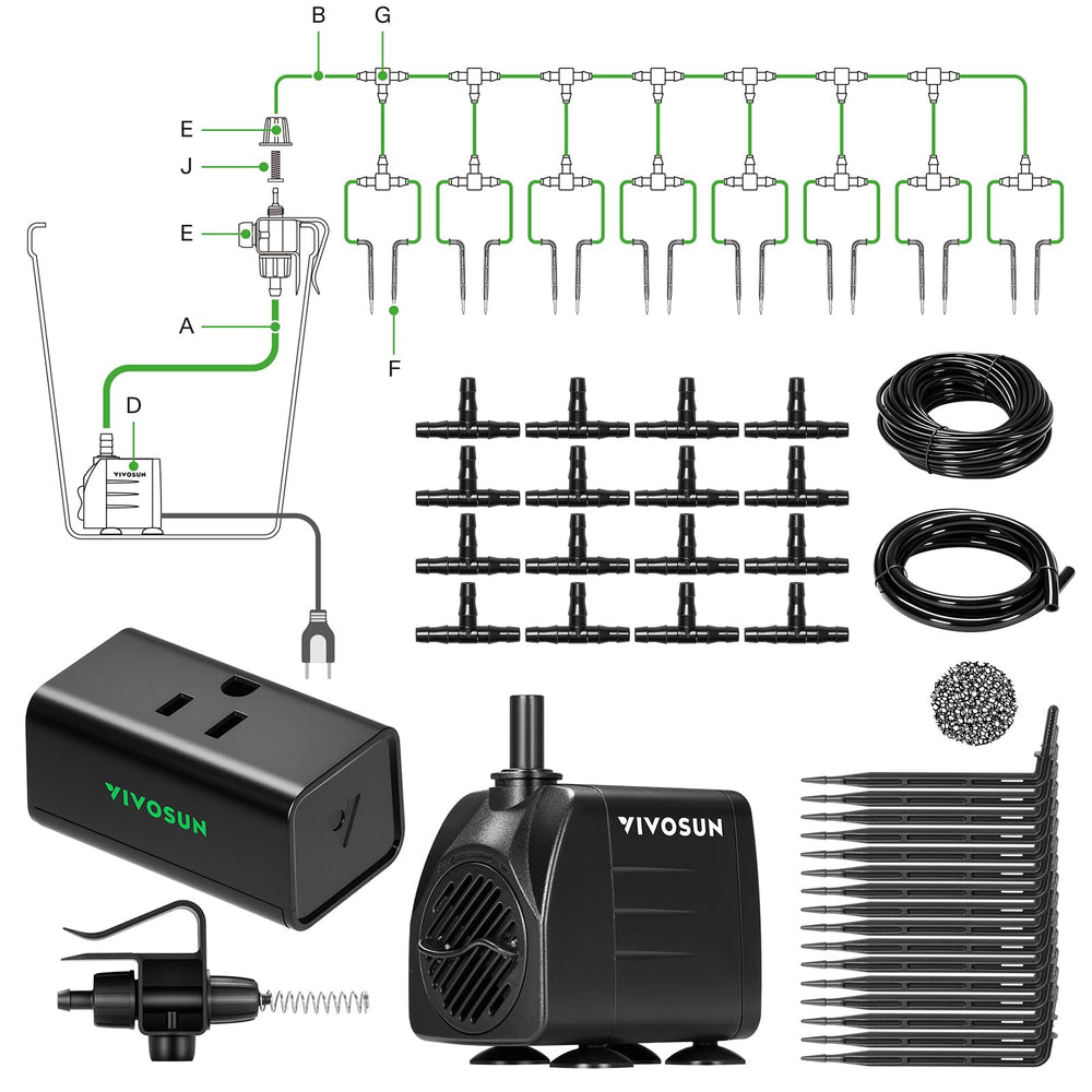 VIVOSUN front packaging showing complete irrigation kit, easy setup benefit