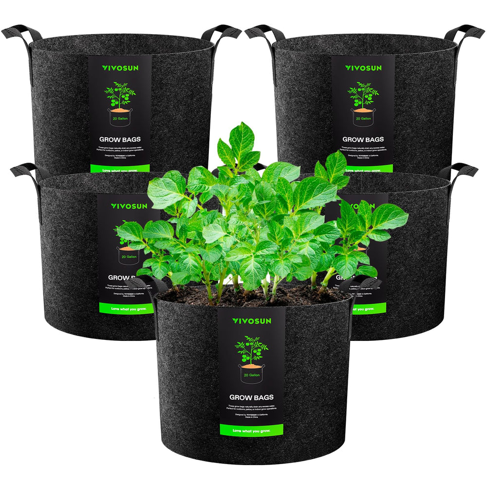 VIVOSUN front view of five 20 gallon grow bags showing durable set and capacity benefits