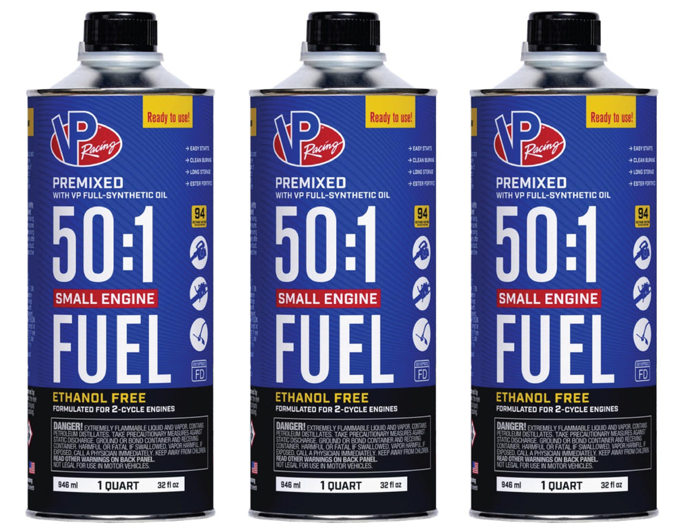 VP Racing front packaging showing 50:1 premix and convenience