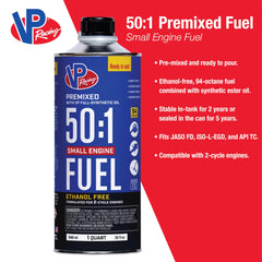 VP Racing close-up showing 50:1 premix ratio and oil clarity