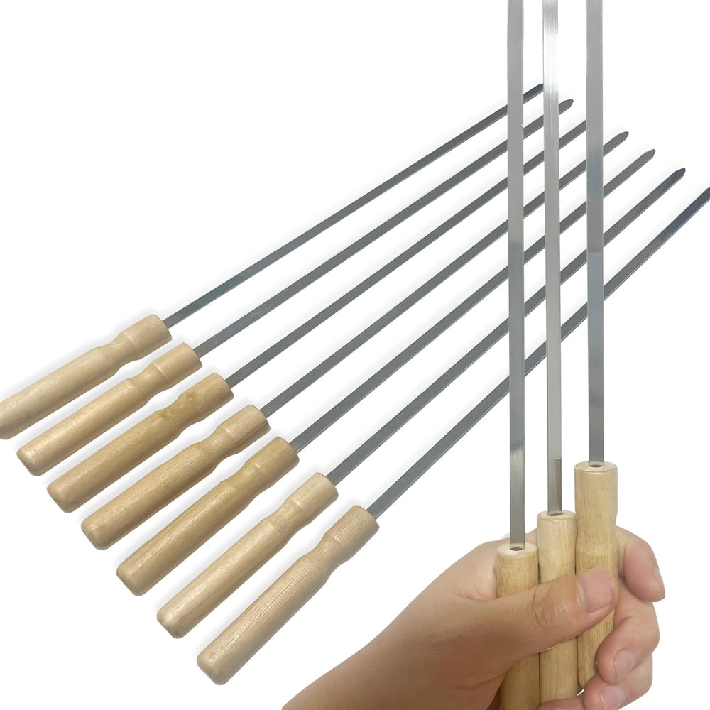 vriysei front view of full 10-piece skewer set and packaging, durable grilling solution