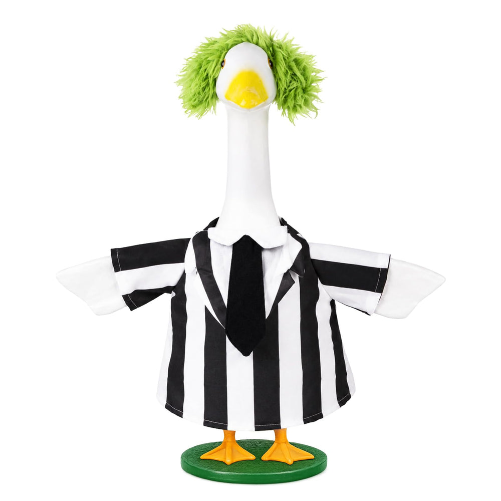 Vzuito front view of goose in costume showing festive curb appeal