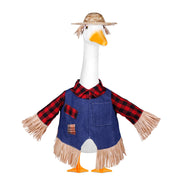 Vzuito goose front view wearing scarecrow outfit showing friendly fall decor benefit