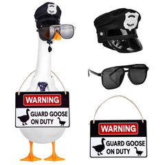 Vzuito front view of goose with sign and hat showing friendly security charm
