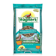 Wagner's front of 20-pound bag showing product branding and seed blend attracts many birds