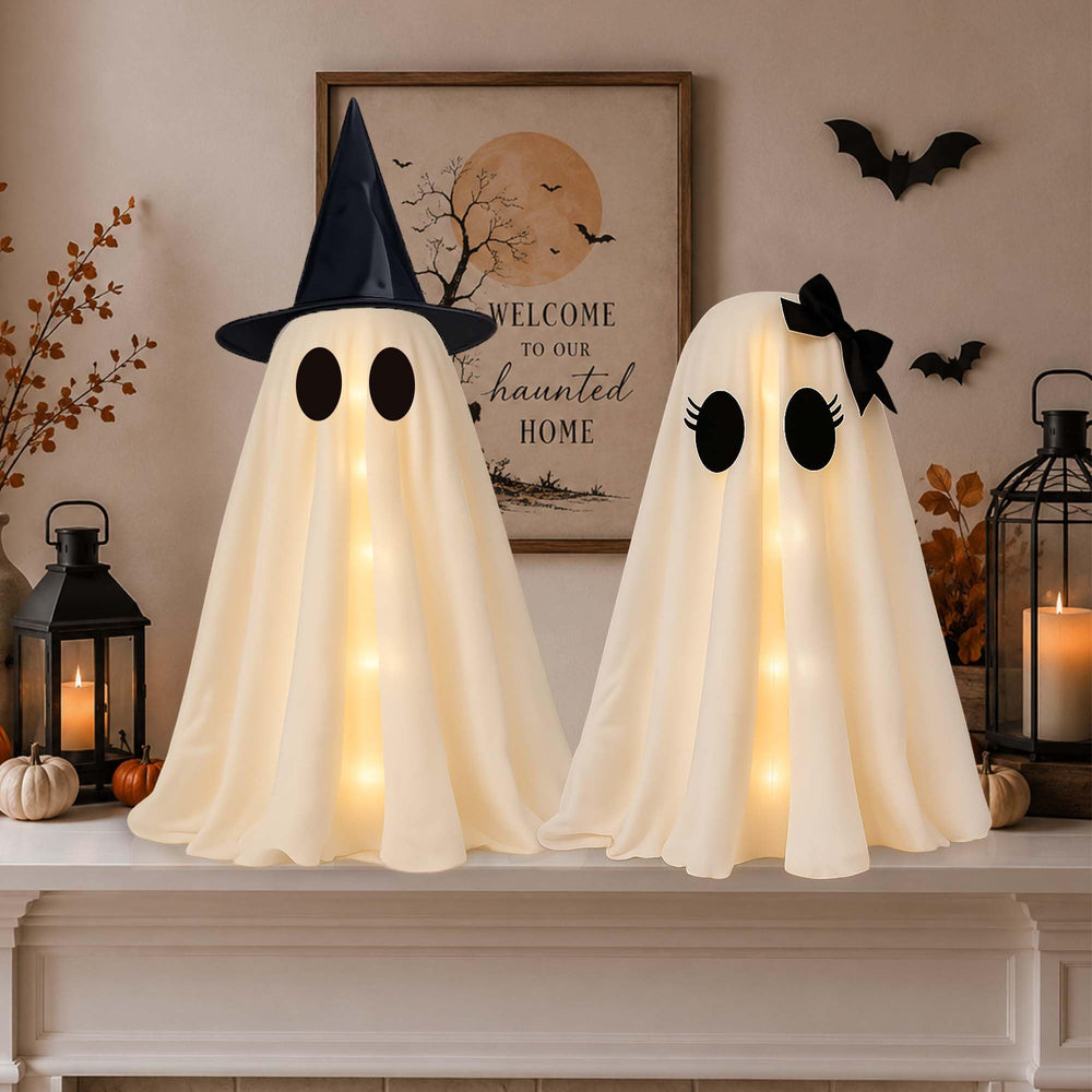 Watlie two ghosts on porch showing warm glow, enhances curb appeal