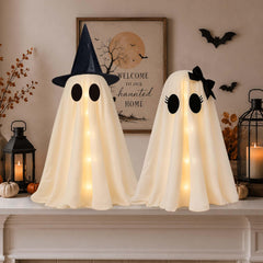 Watlie two ghosts on porch showing warm glow, enhances curb appeal