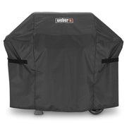Weber front view of black cover fitting Spirit grill, protects finish