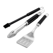 Weber spatula front view showing complete three-piece set and benefits