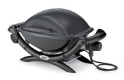 Weber Q 1400 front view showing compact grill and gray finish, convenient for small spaces
