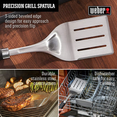 Weber spatula in use flipping a burger demonstrating accurate lift and reduced food breakage