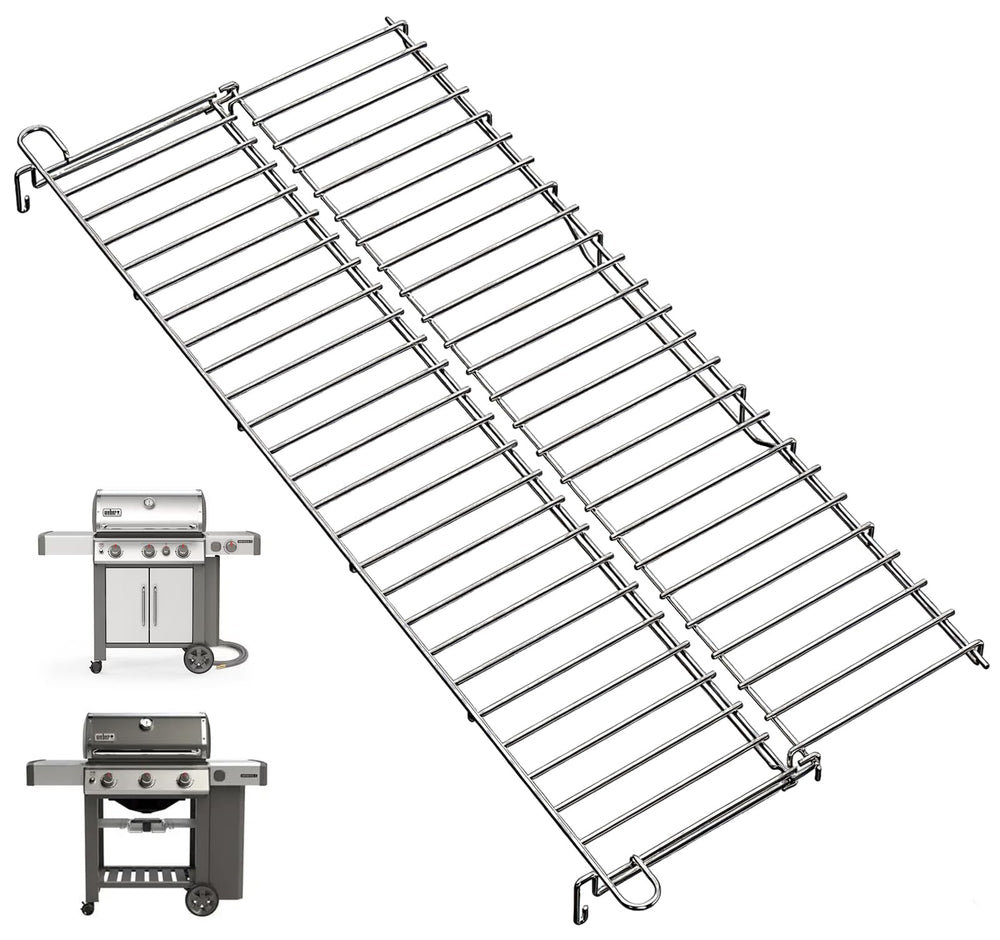 WEBROIL warming rack front view showing exact fit and durable stainless construction