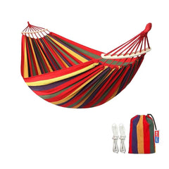 WeiTrust front view of red canvas hammock showing spreader bar and roomy bed for comfort