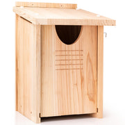 WHITEHORSE cedar owl house front view showing entrance and protection benefit