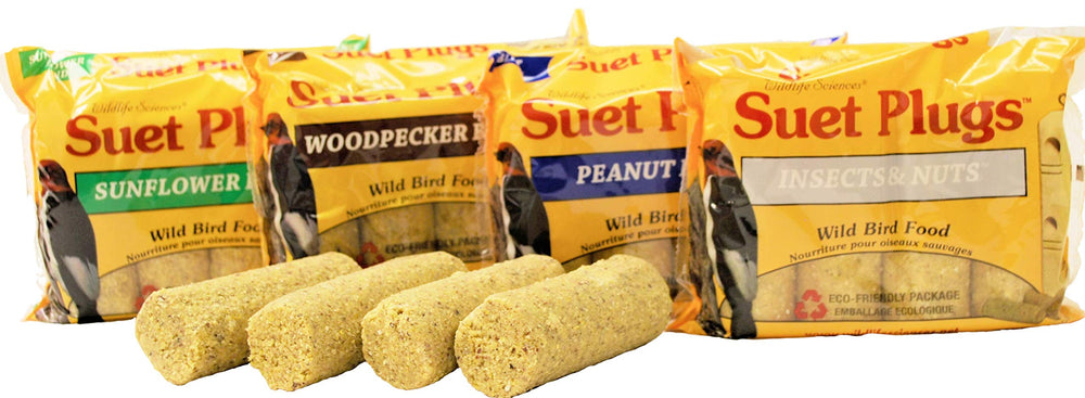 Wildlife Sciences front packaging showing 16 suet plugs and benefit of organized storage