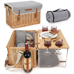 WILLOW WEAVE front view of stripe picnic basket showing tidy closure and handle, durable design benefit