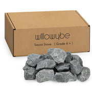 WILLOWYBE front packaging showing 35lb box and uniform sauna stones for easy installation