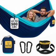 Wise Owl Outfitters hammock front view showing navy and light blue comfort