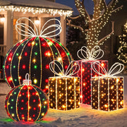 Woanger front view of assembled lighted decorations showing festive entrance appeal