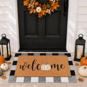 Woiqeuwr front view pumpkin welcome mat showing seasonal curb appeal