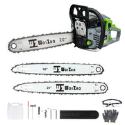 WOIZAO chainsaw front packaging showing kit contents and benefit of ready-to-use setup