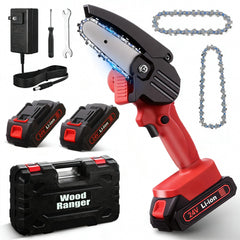 Wood Ranger front packaging showing compact chainsaw and included accessories