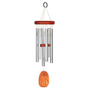 Woodstock Chimes front view showing cherry-finish and silver tubes for serene sound