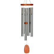 Woodstock Chimes front view showing silver tubes and cherry-finish wood top, elegant outdoor sound