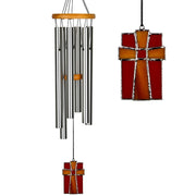 Woodstock Chimes front view showing wood top and tubes, elegant outdoor sound