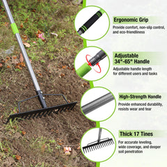 WORKPRO 17-tine head closeup highlighting dense tines for efficient raking