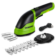 WORKPRO front view of cordless grass shear showing compact green body and handle for easy control