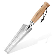 WORKPRO front view stainless trowel showing narrow blade and wooden handle for precise digging