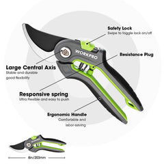 WORKPRO ergonomic rubber handle detail reducing hand fatigue while pruning