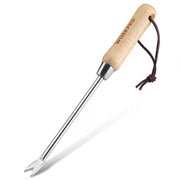 WORKPRO weeder front view showing two-pronged stainless steel fork and wooden handle, durable performance