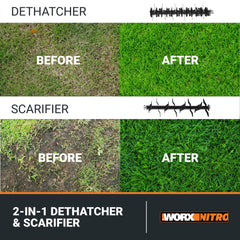WORX scarifier blades detail showing angled metal cutting for deeper soil penetration
