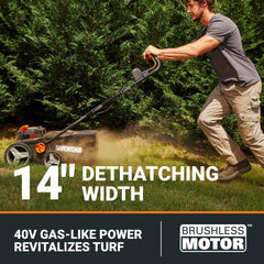 WORX close-up of dethatcher tine reel highlighting metal tines for thorough removal