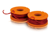 WORX replacement spool pack showing two pre-wound spools and benefits