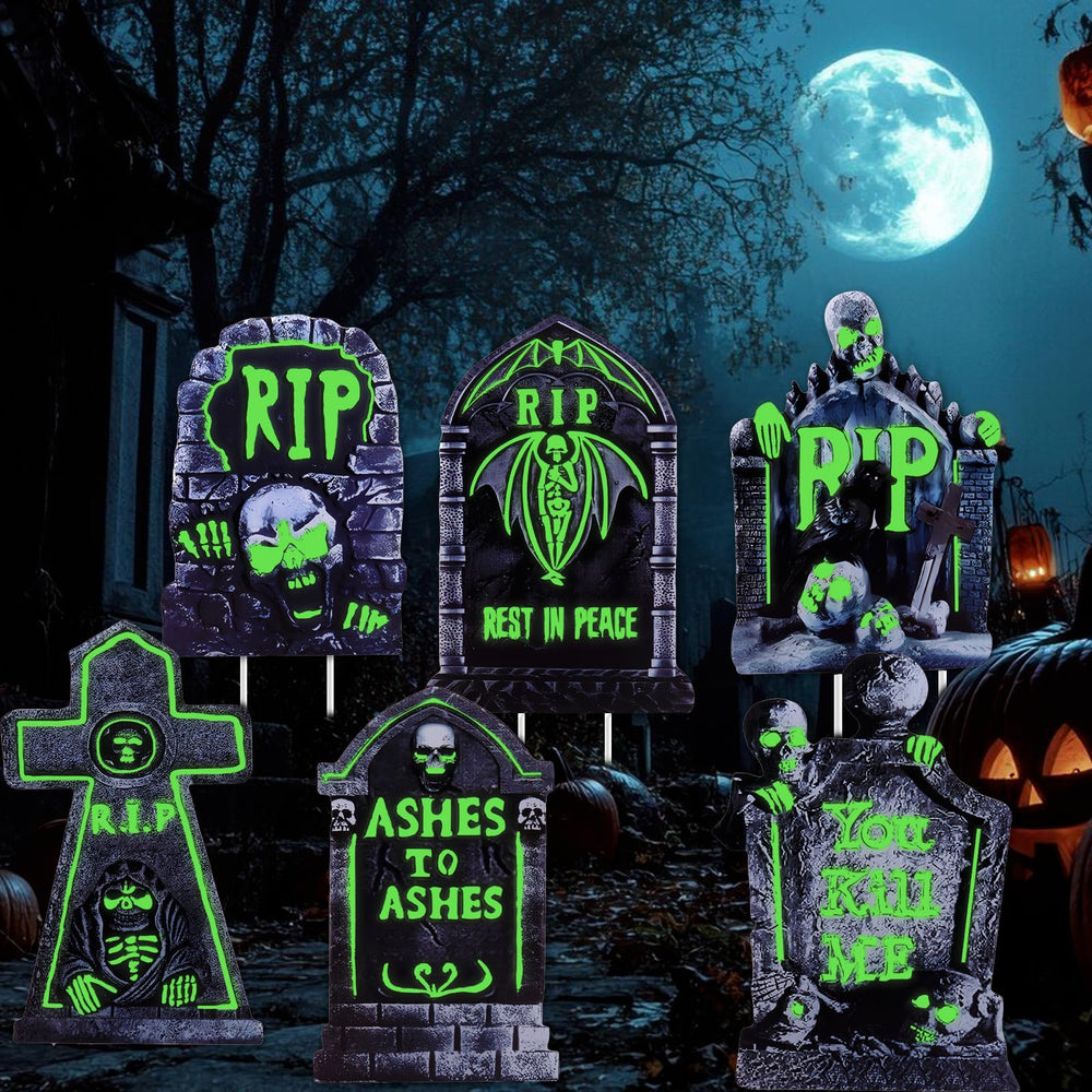 WruFiz front view of six tombstone yard signs showing designs and packaging benefit: ready display