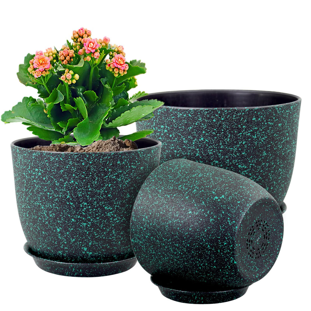 WSMKSZ front view of three pots showing modern black with green speckles, stylish display benefit
