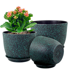 WSMKSZ front view of three pots showing modern black with green speckles, stylish display benefit