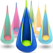 Y-STOP front view of blue-green pod swing showing cozy enclosed seat and breathable fabric