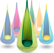 Y-STOP green pod swing front view showing shape and color, cozy seating