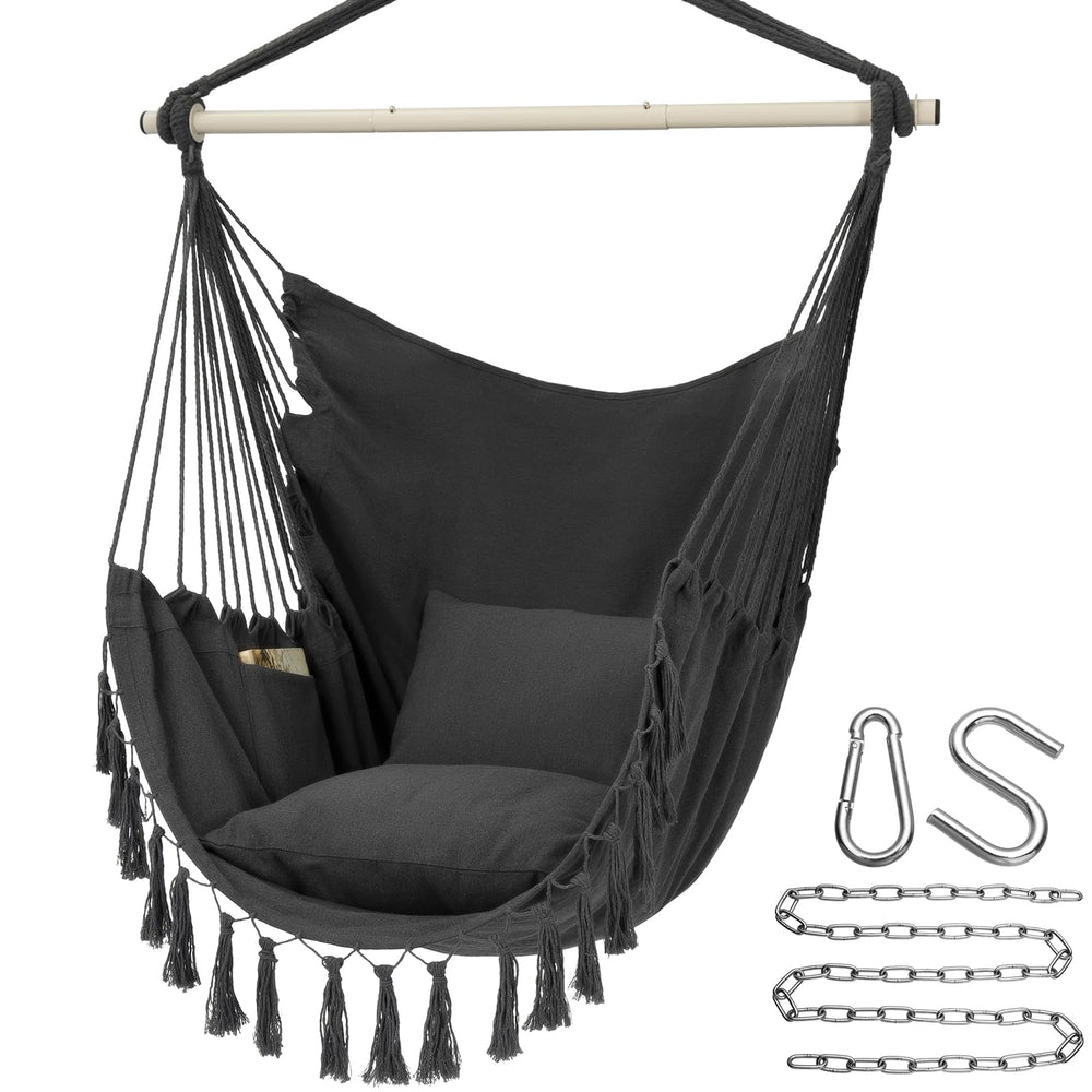 Y- STOP front view of dark grey hammock chair showing cozy seating benefit