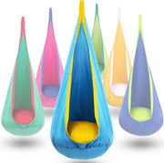 Y-STOP front view of blue-yellow pod swing showing cozy entrance and shape for private space