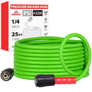 YAMATIC front view of 25ft flexible pressure washer hose showing length and label benefits